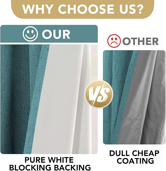 H.VERSAILTEX Linen Blackout Curtains 84 Inches Long 100% Absolutely Blackout Thermal Insulated Textured Linen Look Curtain Draperies Anti-Rust Grommet, Energy Saving with White Liner, 2 Panels, Teal