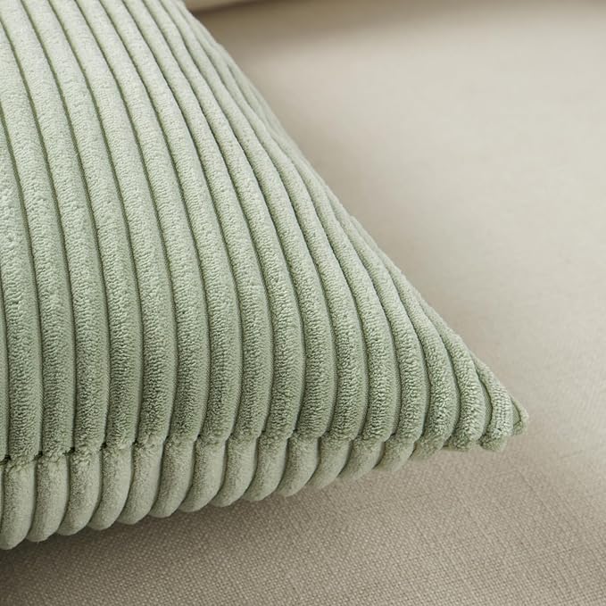 Fancy Homi 2 Packs Sage Green Lumbar Decorative Throw Pillow Covers 16x26 Inch for Living Room Couch Bed, Rustic Farmhouse Boho Home Decor, Soft Striped Corduroy Rectangle Accent Cushion Case 65x40 cm