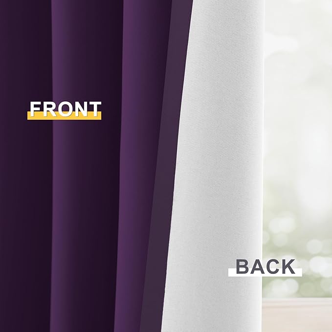 Yakamok 100% Blackout Curtain Panels 84 inches Cold and Light Blocking Drapes for Nursery, 2 Thick Layers Thermal Insulated Draperies (2 Pieces, 40 Wide Each Panel, Purple/White Backing)