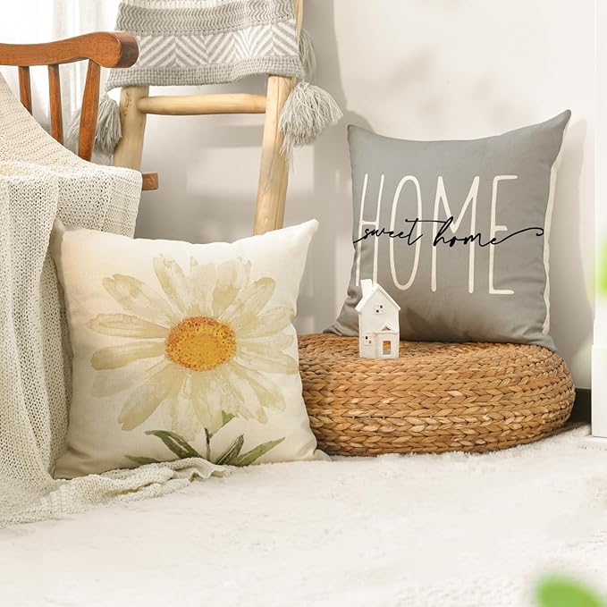 AVOIN colorlife Home Sweet Home Spring Summer Flowers Throw Pillow Covers, 20 x 20 Inch Grey Cushion Case for Sofa Couch Set of 4