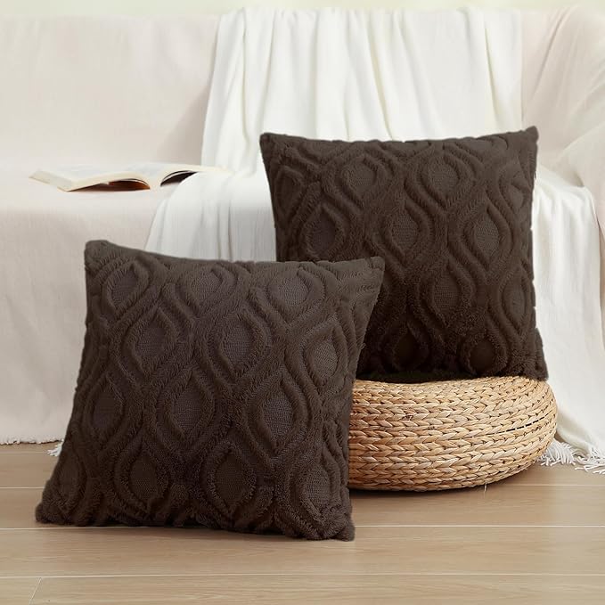 decorUhome Throw Pillow Covers 18x18 Inch Set of 2, Soft Plush Faux Wool Dark Brown Solid Couch Pillow Covers, Accent Farmhouse Neutral Square Pillow Cases for Sofa Bed Living Room