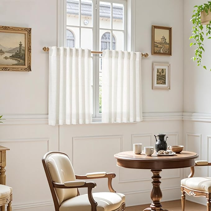 Beige White Linen Curtains for Kitchen Windows Over Sink Neutral 30 Inch Length Back Tab and Rod Pocket Light Filtering Semi Sheer Cafe Curtain for Bathroom RV Small Window 40 x 30 Inch,2 Panels