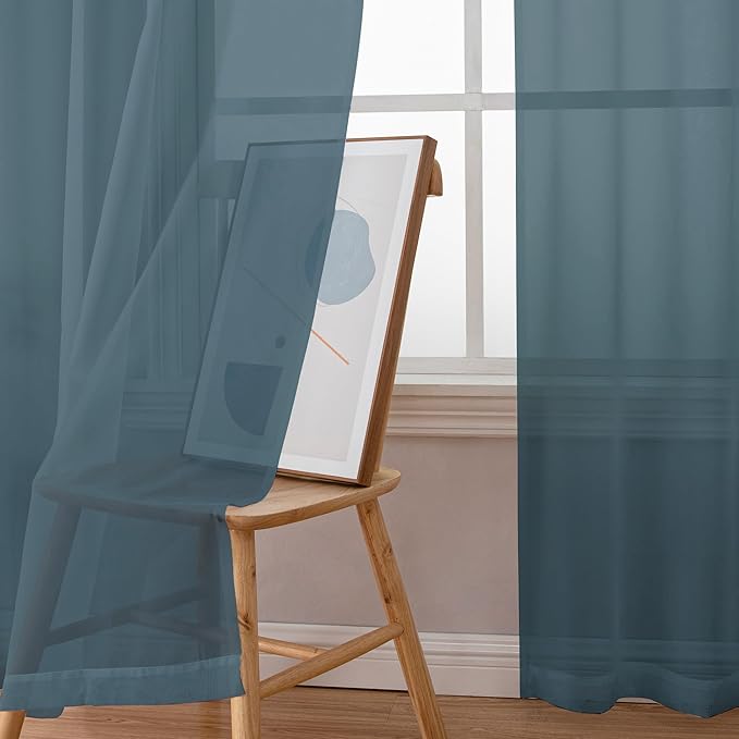 Chyhomenyc Sheer Stone Blue Curtains 90 inches Long 2 Panels, Light Filtering Soft Airy Solid Elegant Voile Window Treatment Drapes for Bedroom Living Room Wedding Party Decor, 42 Wx90 L Inches