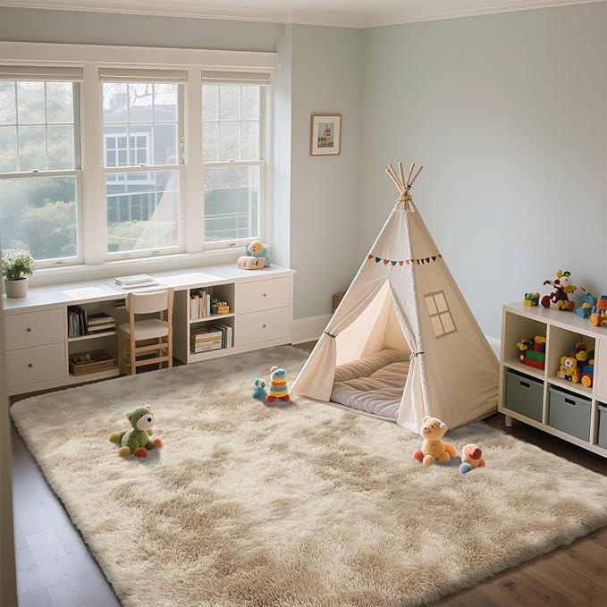 Shag Area Rugs for Bedroom Living Room,8X10 Ultra Soft Fluffy Area Rugs for Dorm, Indoor Carpet Nursery Rugs for Kids Girls Room Home Decor,Camel