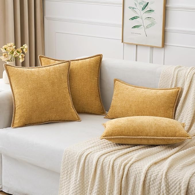 MIULEE Pack of 2 Couch Throw Pillow Covers 18x18 Inch Gold Farmhouse Decorative Pillow Covers with Stitched Edge Soft Chenille Solid Dyed Fall Pillow Covers for Sofa Bed Living Room