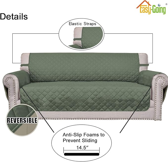 Easy-Going Reversible Oversized Couch Cover for 3 Cushion Couch Sofa Cover for Dogs Water Resistant Furniture Protector Cover with Foam Sticks for Pet (Oversized Sofa, Greyish Green/Beige)