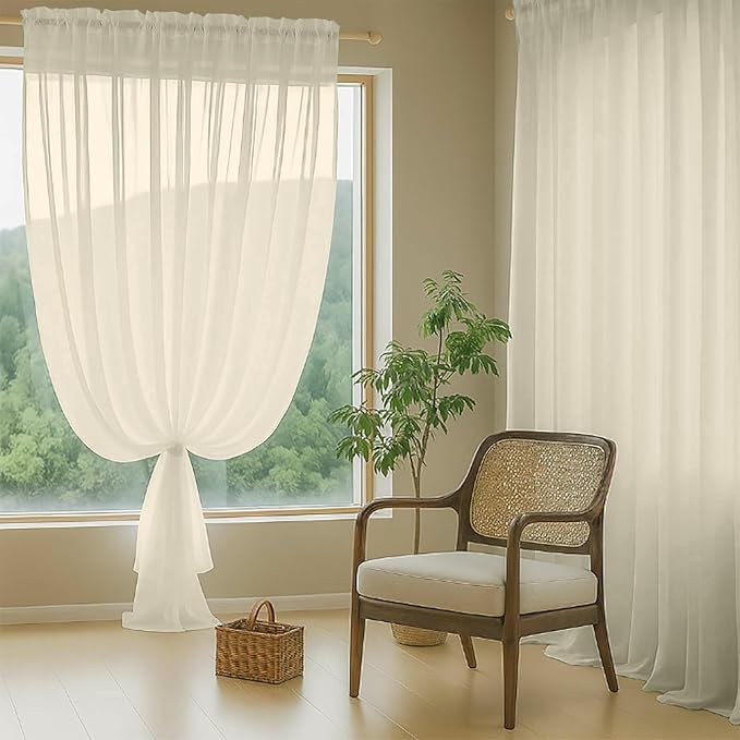 Cream Sheer Curtains 120 Inches Long 2 Panels, Extra Long Light Filtering Modern Window Curtains for Sliding Glass Door, Rod Pocket Voile Drapes for Living Room Bedroom, 2x42Wx120L Inches