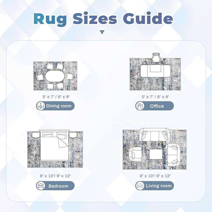Area Rugs 6x9 for Living Room: Washable Rug Modern Abstract Neutral Soft Non-Slip Low-Pile Indoor Carpet for Bedroom Dining Room Playroom Home Office (Blue Grey Brown, 6'x9')