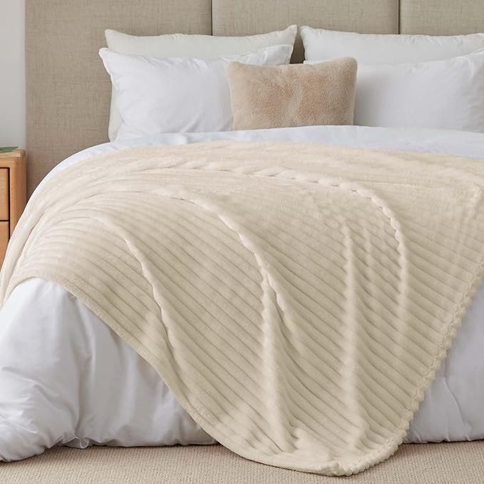 BEDELITE King Size Blanket for Bed, 300GSM Soft & Warm Fleece Blanket, Decorative and Giftable Striped Beige Blankets for Women, Men, 108"x90"