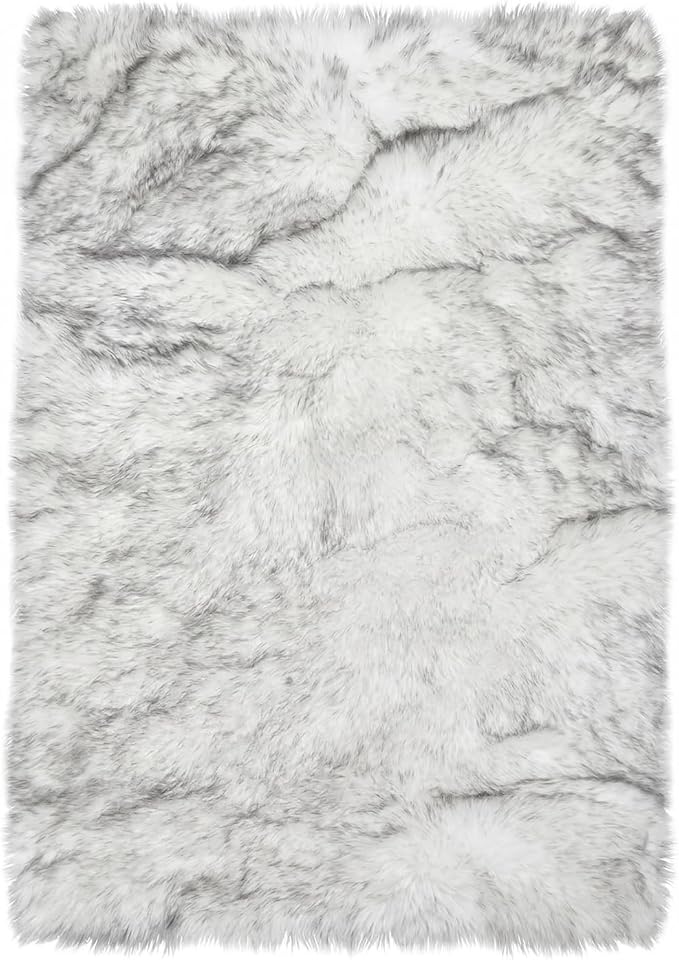 Latepis White with Grey Tips Sheepskin Rugs 4x6, Faux Fur Rug for Living Room, Fluffy Washable Rugs for Bedroom, Teen Room Decor, Rectangle