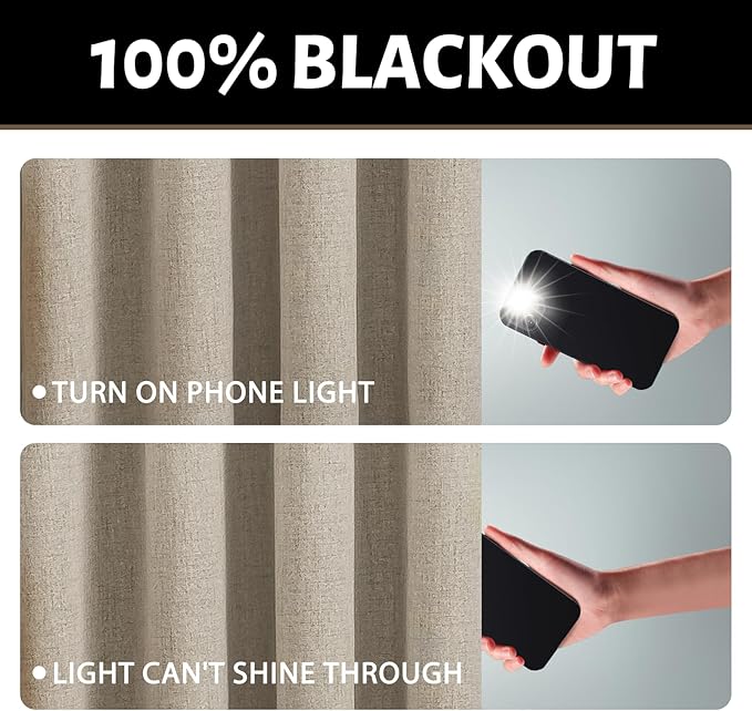 Yakamok Natural Linen Curtains 100% Blackout 72 Inches Long,Room Darkening Textured Curtains for Living Room Thermal Grommet Bedroom Curtains 2 Panels with Greyish White Liner