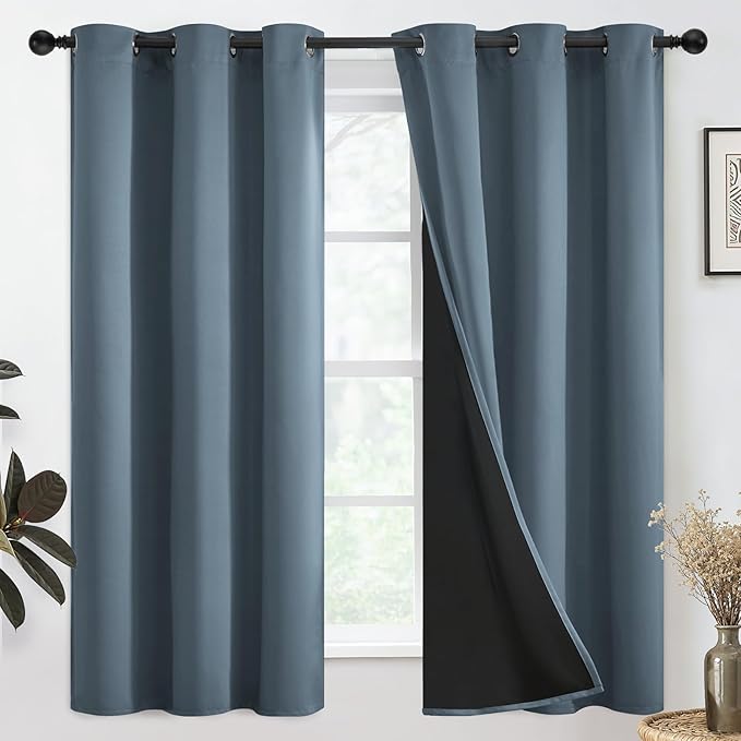 SimpleHome 100% Blackout Curtains for Bedroom,Thermal Insulated Stone Blue Grommet Window Drapes Room Darkening Curtains for Living Room with Black Back,38 x 63 Inch,2 Panels