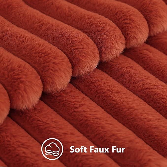 decorUhome Cozy Faux Fur Throw Pillow Covers 16x16 Set of 2 Decorative Soft Plush Striped Modern Farmhouse Boho Couch Pillow Cases with Velvet Back for Sofa Bed Living Room, Rust