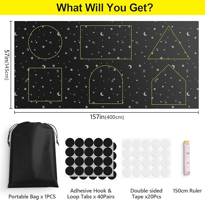 FADOTY 100% Blackout Window Cover Film, Portable Black Out Curtains for Bedroom, Cuttable Blackout Shades Fabric Sheet, No Drill Window Blinds, Sun Heat Light Blocker for Travel Media Dorm, 57'' W