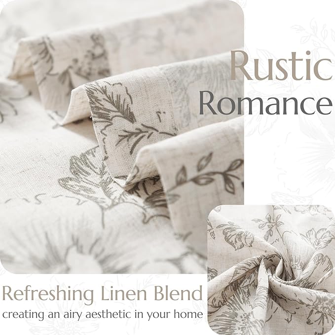 jinchan Linen Blend Curtain Floral Curtains for Living Room 63 Inch Length Grey Printed Curtain Rod Pocket Back Tab Farmhouse Peony Flower Patterned Drapes Bedroom Window Curtains Set 2 Panels