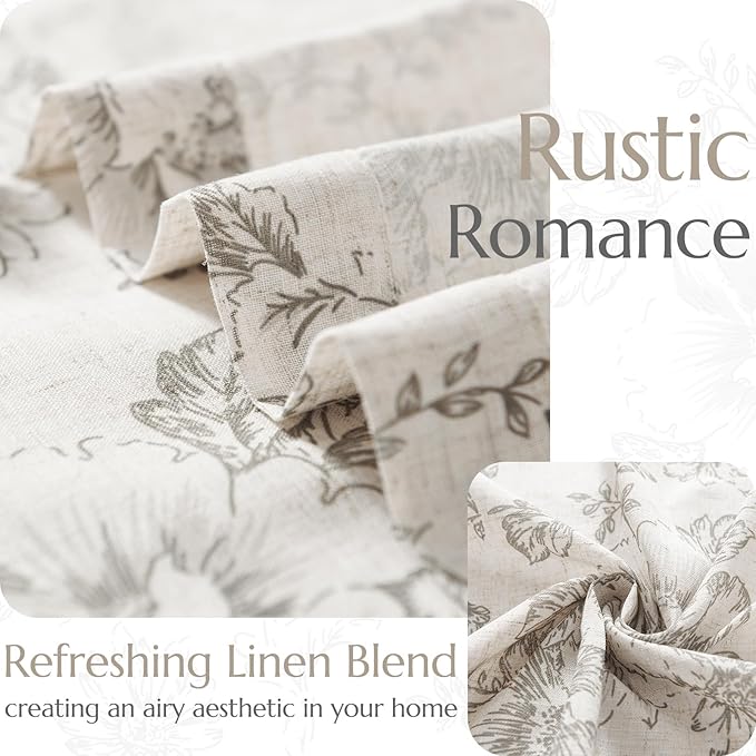 jinchan Linen Blend Curtain Floral Curtains for Living Room 108 Inch Length Grey Printed Curtain Rod Pocket Back Tab Farmhouse Peony Flower Patterned Drapes Bedroom Window Curtains Set 2 Panels