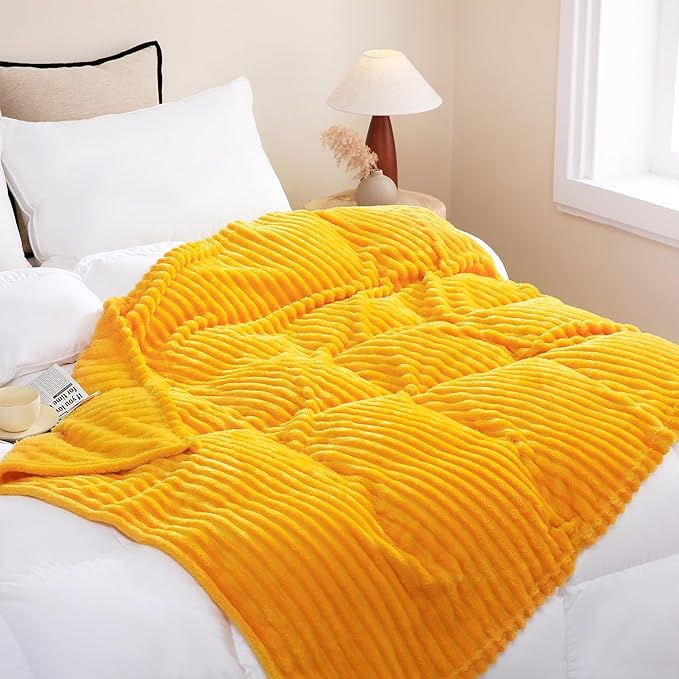 Gold Fleece Throw Blanket 60”×80” for Couch Sofa Bed,Super Soft Cozy Plush Microfiber Flannel Blanket with Stripes Design Lightweight for Adults,Woman,Girls