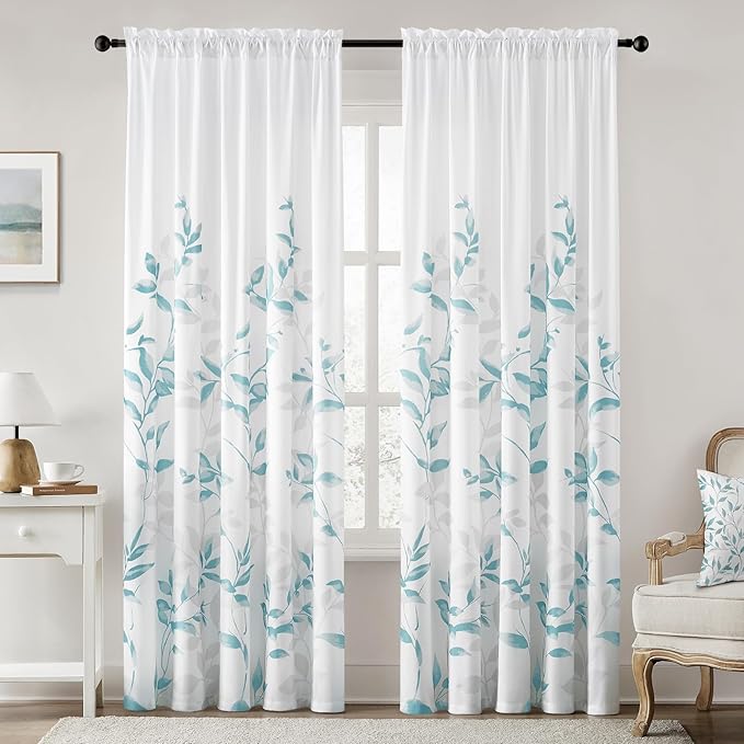HOMEIDEAS Non-See-Through Teal and White Privacy Sheer Curtains 52 X 96 Inch Length 2 Panels, Leaf Floral Printed Light Filtering Semi Sheer Window Curtains Drapes for Bedroom Living Room