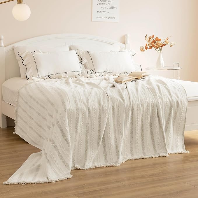 Boho Sofa Covers for 2 Cushion Couch, Chenille Sofa Slipcover for Pets Washable, L-Shape Sectional Loveseat Cover Soft Throw Blankets with Tassels(71x102,Striped Beige)