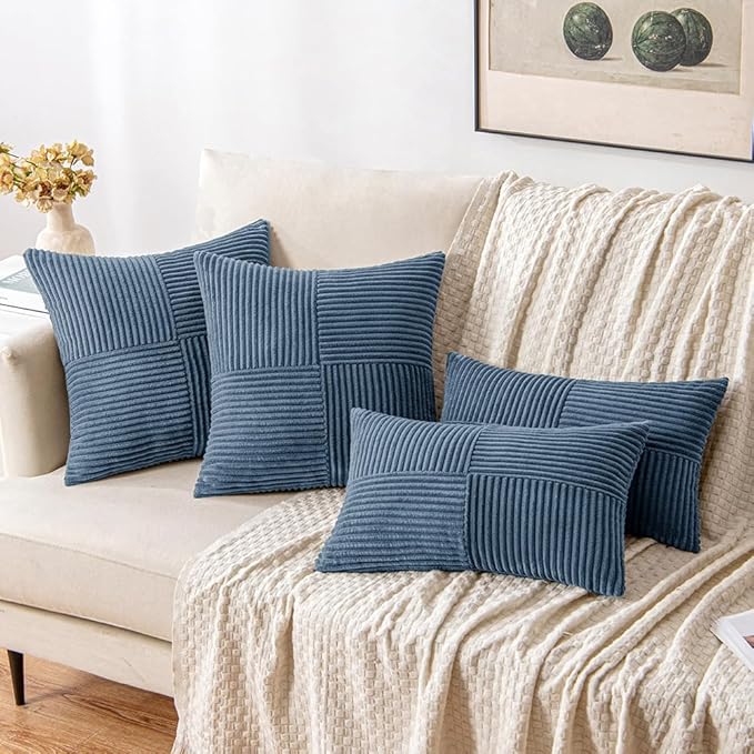 MIULEE Blue Decorative Lumbar Throw Pillow Covers 12x20 Inch for Couch Bed Sofa Pack of 2 Boho Farmhouse Throw Pillows Soft Cross Corduroy Patchwork Textured Cushion Cases