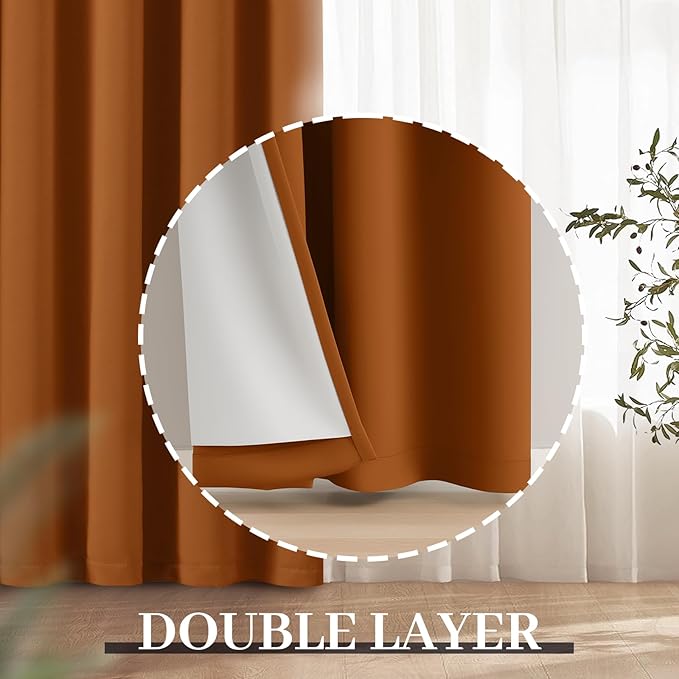 Yakamok Room Darkening 100% Blackout Curtains Grommet Window Treatments with 2 Thick Layers-Burnt Orange Thermal Insulated Drapes Set of 2 Panels for Bedroom Living Room 52 Inches by 84 Inches Length