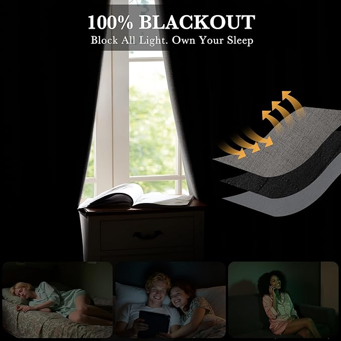 RYB HOME Grey 100% Blackout Linen Curtains 72 inch Long, Thermal Insulated & Privacy Assurd Drapes for Bedroom/Office/Nursery, Rod Pocket & Back Tab Window Treatment, W52 X L72, 2 Panels