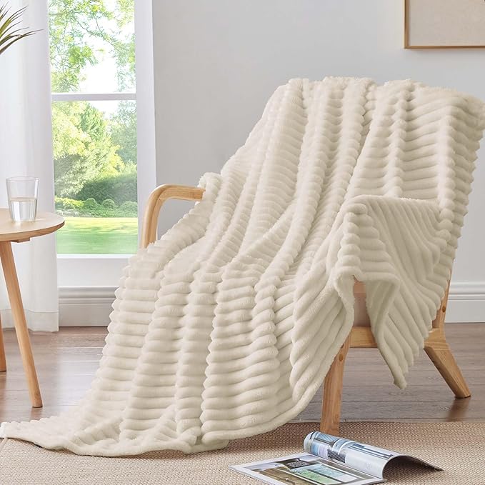 BEDELITE Twin Blanket for Couch & Bed, 300GSM Soft & Warm Fleece Blanket, Decorative and Giftable Striped Beige Blankets for Women, Men, 60"x80"