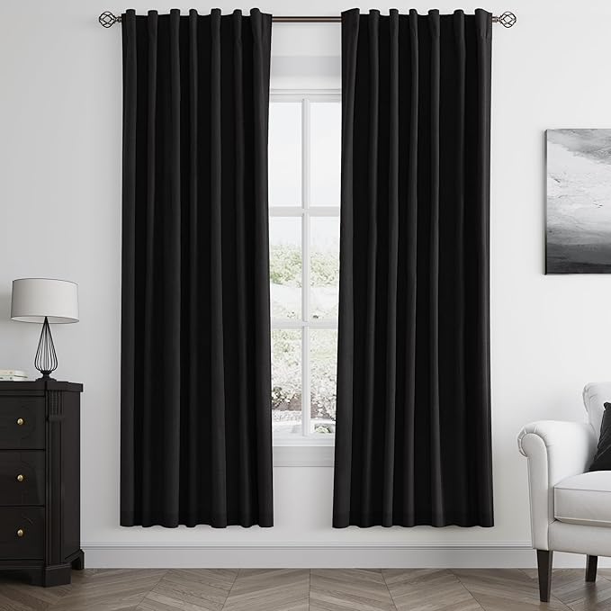 Guken Black 100% Blackout Linen Curtains 72 Inch Length 2 Panels Set for Living Room Bedroom Back Tab Thermal Insulated 100% Black Out Drapes Room Darkening Window Curtains 72 Inches Long