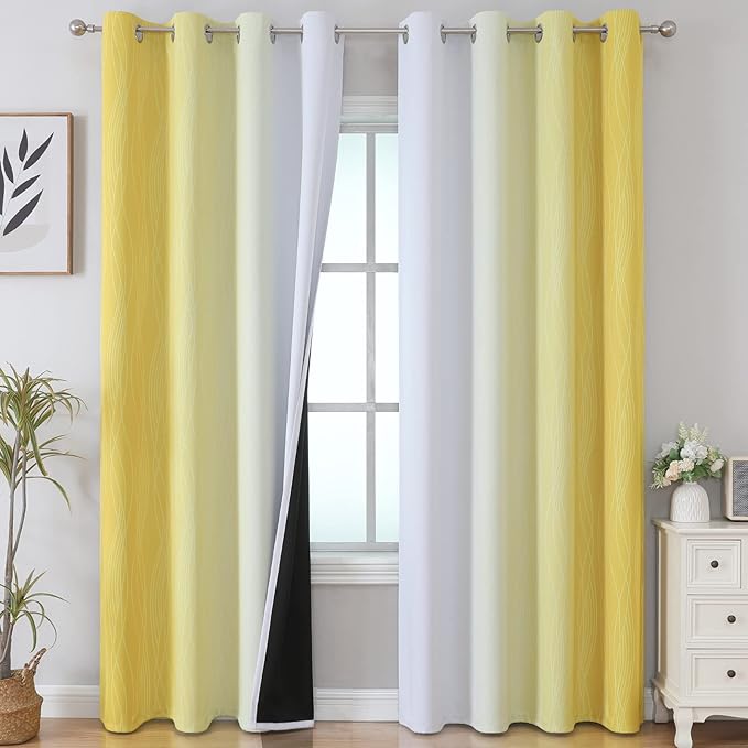 Estelar Textiler Yellow and Grayish White Blackout Curtains 108 Inches Long, Thermal Insulated Drapes for Bedroom, Full Light Blocking Energy Saving Long Curtains for Living Room, 52Wx108L, 2 Panels