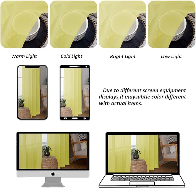 Chyhomenyc Sheer Curtains 54 Inch Long 2 Panels Set, Light Filtering Short Soft Airy Short Cafe Curtains, Modern Rod Pocket for Dinning Living Room Bedroom, Each 42Wx54L in, 2PCS, Lemon