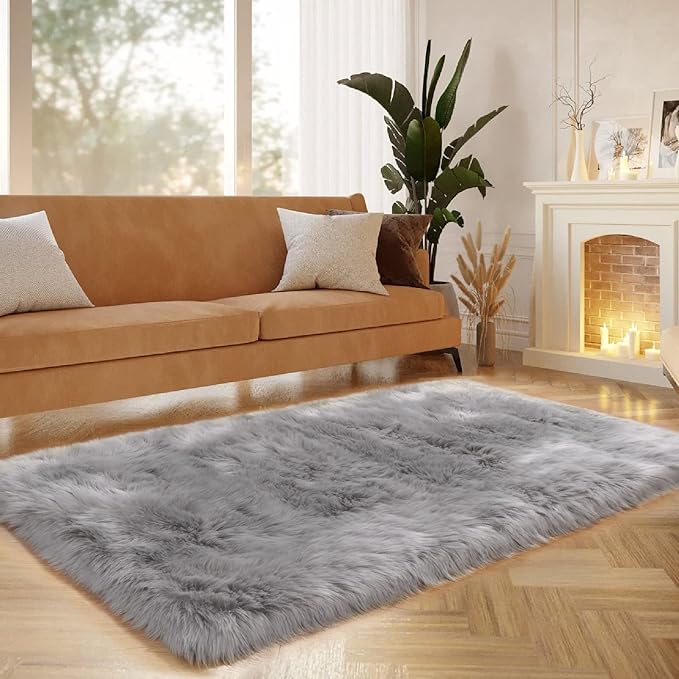 Faux Fur Rug, Grey Small Fluffy Rug for Sofa Chair Couch Cover 2x4 Feet, Gray Soft Fuzzy Shag Rug for Bedroom, Indoor Shaggy Plush Floor Carpets Luxury Home Decor for Bedside