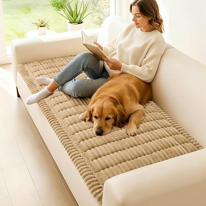 hyha Couch Covers for Dogs Washable, Non Slip Plush Dog Sofa Protectors, Fuzzy Pet Couch Covers for 3 Cushion Sofa Pet Friendly (Camel, 27.6" x 47")