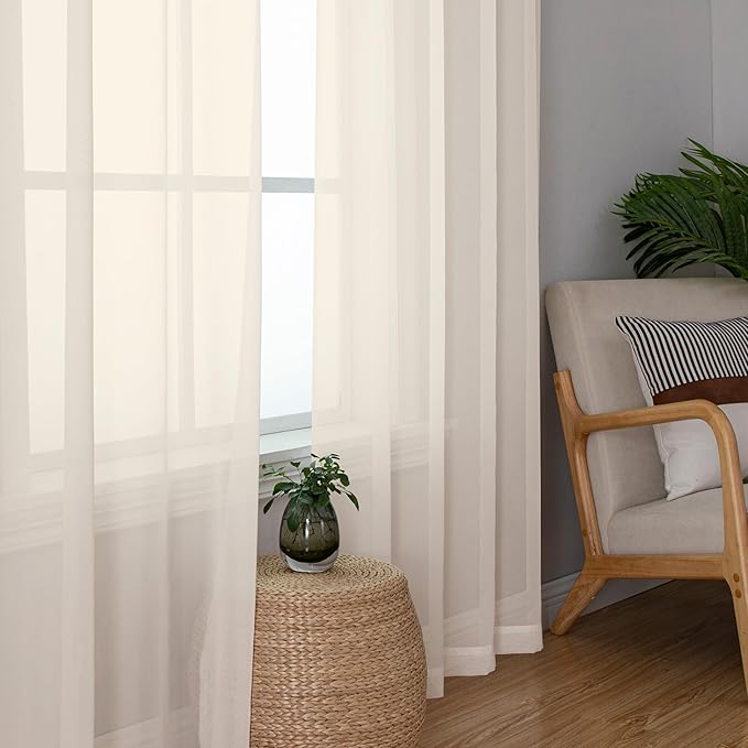 OWENIE Sheer Curtains 72 Inches Long 2 Panels Set, Light Filtering Sheer Curtain Rod Pocket Clear Drapes for Living Room Bedroom Window Sliding Door, Each 42 x 72 Inch, Cream
