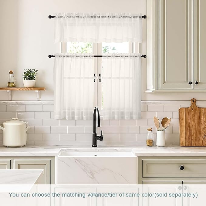 Ivory Small Sheer Curtains Tier 24 Inches Length 2 Pieces, Light Filtering Cafe Curtains Sheers for Living Room Bathroom, Modern Window Treatments Dual Rod Pocket Panels, 2X42Wx24L Inches