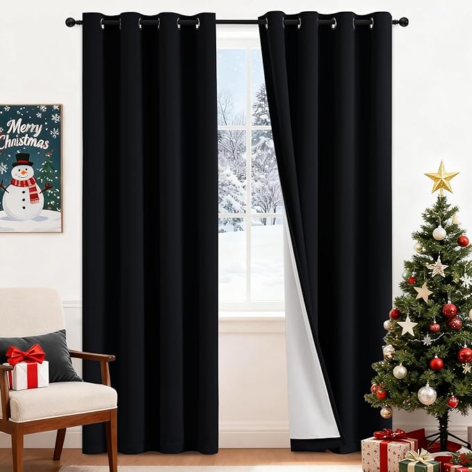 Yakamok 100% Blackout Curtains Black Room Darkening Thermal Insulated Window Curtain with 2 Thick Layers-Set of 2 Panels Grommet Top Drapes for Bedroom Living Room 52 Inches by 84 Inches Length