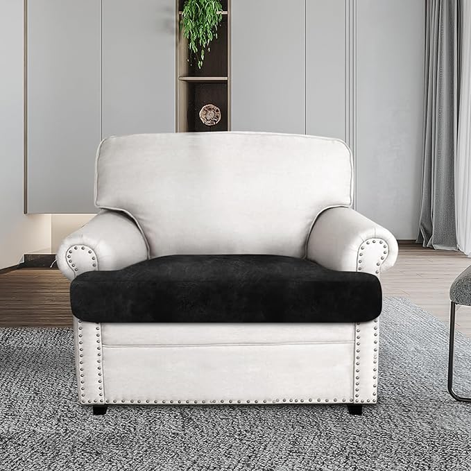 Leather Look Couch Cushion Covers Sofa Seat Slipcovers Sets Couches Furniture Protector for Sectional Armchair Loveseat Pets Kids Stretch Spandex Fabric (1 T-Cushion Armchair, Black)