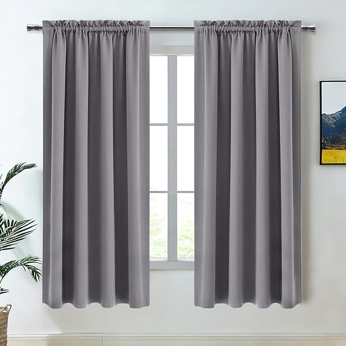 DWCN Grey Room Darkening Blackout Curtains - Rod Pocket Thermal Insulated Privacy Energy Saving Window Curtain Drapes 42x 72 inch Length, Set of 2 Bedroom Living Room Curtains