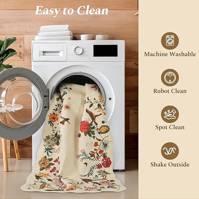 Rugflix 2x6 Runner Rug for Hallway, Washable Kitchen Runner Non Slip, Soft Low Pile Entryway Carpet, Vintage Floral Stain Resistant Long Laundry Room Rugs for Bedroom, Stairs