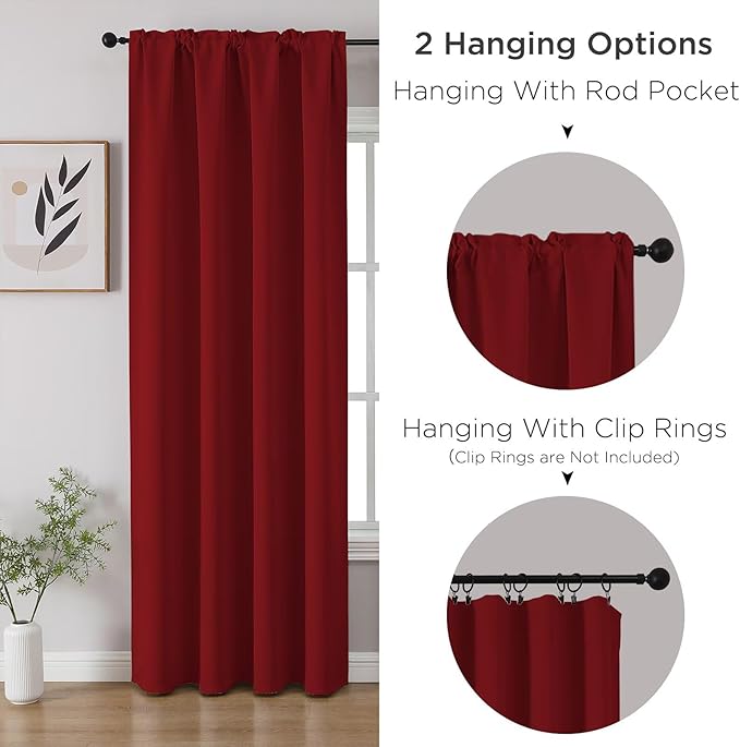 CUCRAF Red Blackout Curtains 63 inch Length 2 Panels Set, Rod Pocket Room Darkening Drapes for Bedroom Living Room, Insulated Thermal Light Blocking Window Curtain (W52 x L63 Inch)