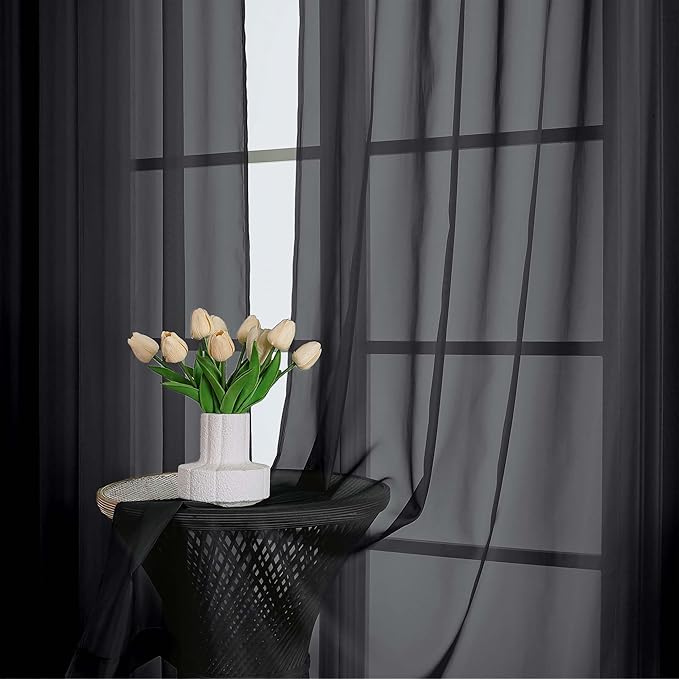 OWENIE Black Sheer Curtains, Sheer Curtains 96 inches Long 2 Panels Set, Rod Pocket Voile Fimly Sheer Drapes for Living Room/Bedroom, 2pcs, Each 59" W x 96" L
