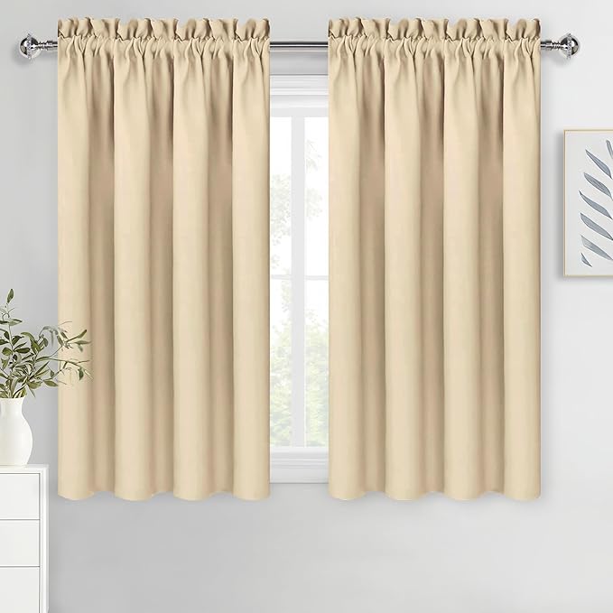 DWCN Beige Curtains for Bedroom Thermal Insulated Room Darkening Drapes for Living Room Rod Pocket Light Blocking Solid Window Treatment, W 38 x L 63 Inch, 2 Panels, Beige