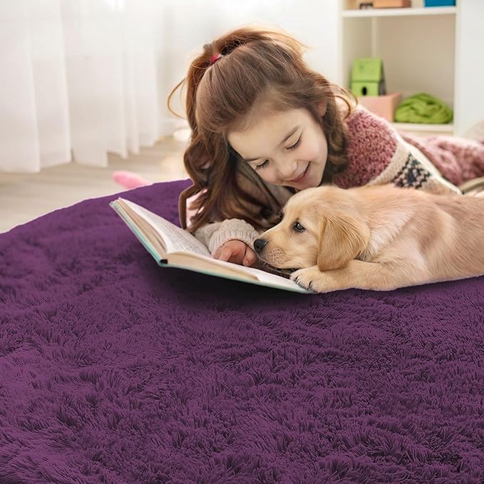 OLANLY Dark Purple Round Rugs for Bedroom - Machine Washable, 5 ft Circle Area Rugs for Living Room, Soft and Fluffy Shaggy Carpet for Teen Girl and Boys, Nursery Rooms, Dorms, Home Decor Aesthetic