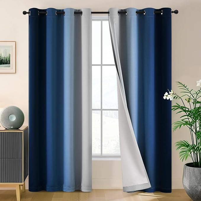 SimpleHome Ombre 100% Blackout Curtains for Bedroom 84 Inches Long, Blue with White Liner Room Darkening Thermal Insulated Grommet Curtain/Drapes for Living Room,2 Panels Set
