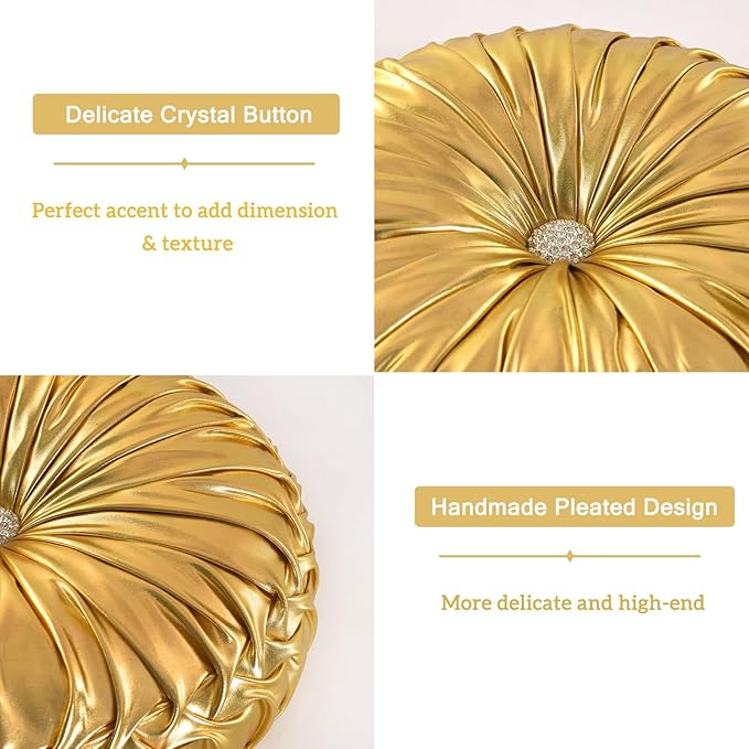 HIG Set of 2 Handcrafted Gold Ruched Round Throw Pillows – 14.5’’ Metallic Leather Decorative Pillows with Soft Polyester Filling for Couch, Bed, Living Room, Bedroom, or Dorm