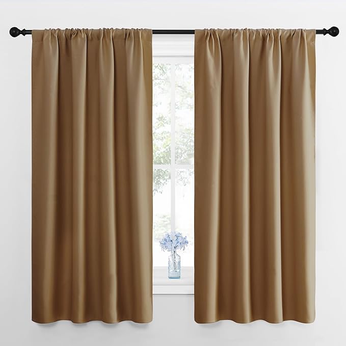 NICETOWN Window Curtains for Bedroom, Gold Brown, 2 Panels, W42 x L48 -Inch, Home Decoration Thermal Insulated Rod Pocket Blackout Blinds & Drapes for Small Windows