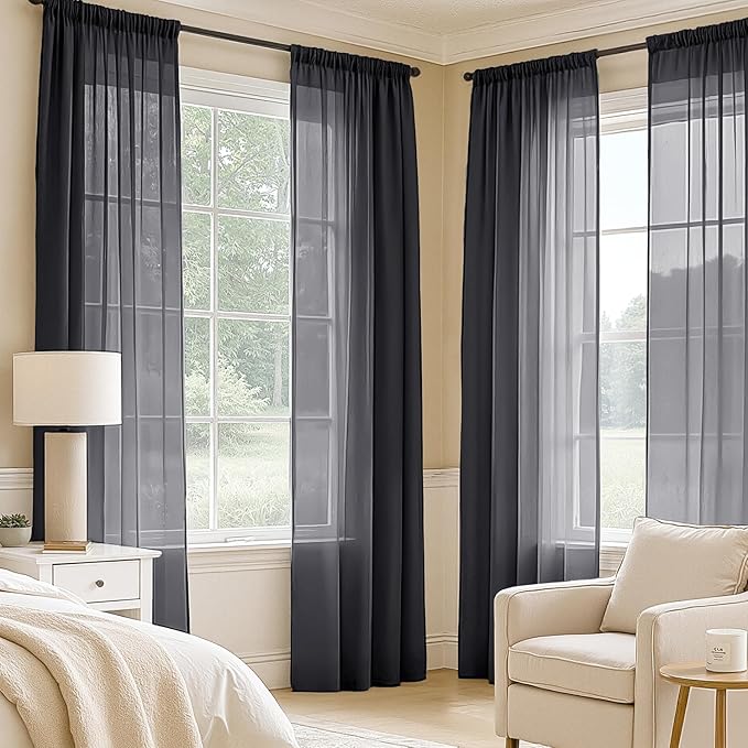 MIULEE Black Sheer Curtains 108 Inches Long, 4 Panels Set, Light Filtering Halloween Rod Pocket Voile Drapes for Living Room and Bedroom, Airy Soft Fabric Window Treatments, 54 x 108 Inches