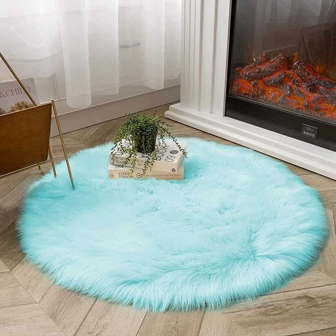 Latepis Light Blue Fur Round Rug 3ft Faux Sheepskin Circle Rug for Living Room Boho Rugs Bedroom Rugs Fluffy Rug for Teen Room Dorm Cute Room Décor