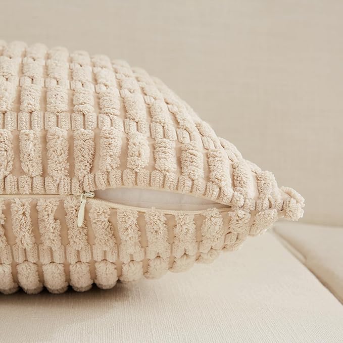 Fancy Homi 4 Packs Tan Decorative Throw Pillow Covers 16x16 Inch for Living Room Couch Bed Sofa, Beige Rustic Farmhouse Boho Home Decor, Soft Plush Striped Corduroy Square Cushion Case 40x40 cm