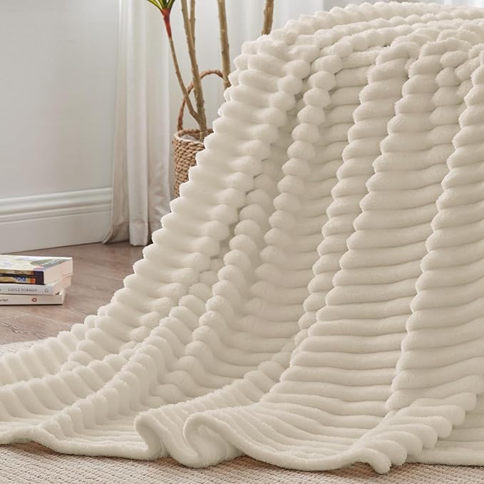 BEDELITE King Size Blanket for Bed, 300GSM Soft & Warm Fleece Blanket, Decorative and Giftable Striped Beige Blankets for Women, Men, 108"x90"
