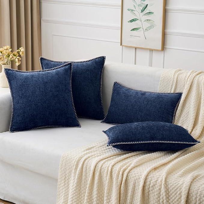 MIULEE Pack of 2 Couch Throw Pillow Covers 18x18 Inch Navy Farmhouse Decorative Pillow Covers with Stitched Edge Soft Chenille Solid Dyed Spring Pillow Covers for Sofa Bed Living Room